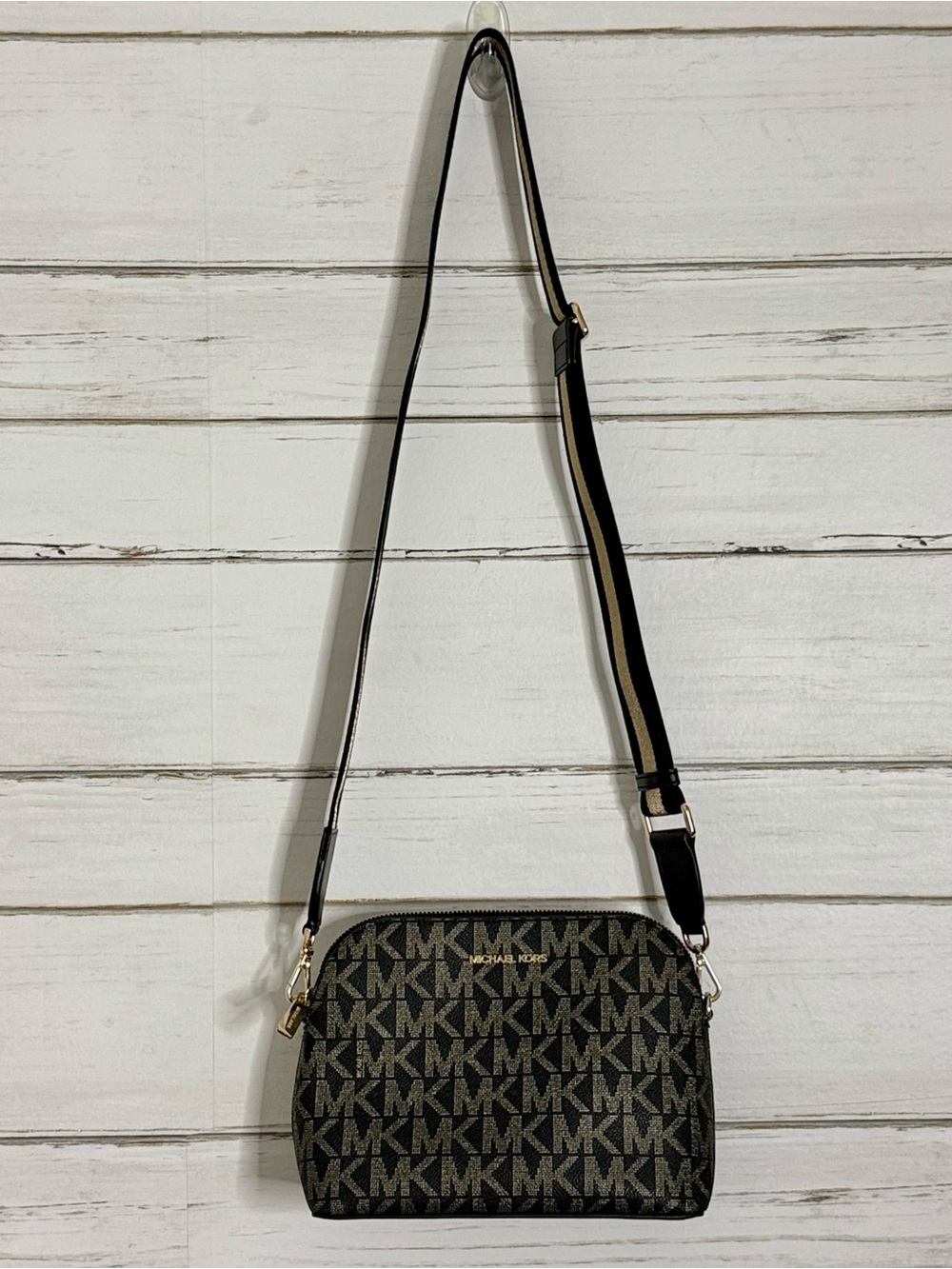 Michael Kors Cindy Large Dome Crossbody Bag Black Signature Logo Print Gold Hard